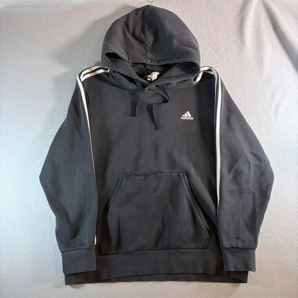 Adidas Mens Essentials 3-Stripe Pullover Hoodie Black White Logo Fleece